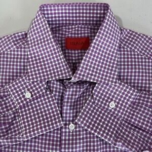 Isaia Napoli Long Sleeve Button Gingham Check Mens 16.5 (42) Dress Shirt Italy